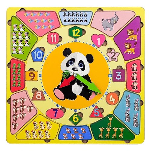 Fa puzzle, interaktív tábla órával, számokkal és állatokkal, 30x30 cm 