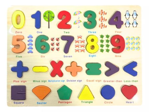 Montessori fejlesztő fa formaberakó játék, számok, jelek, formák ÖKODEKO