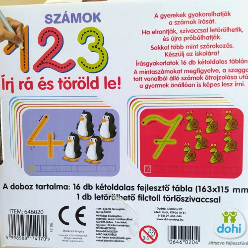 Vonalvezetést oktató, törölhető tábla  számok