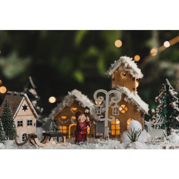 Téli havas táj,  karácsonyi dekoráció, LED-es világító házikókkal