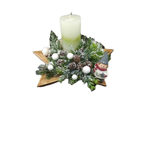 Csillag karácsonyi asztali dekoráció havas, gyertyával, manóval
