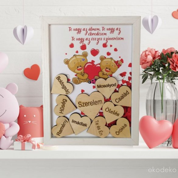 Valentínnapi ajándékkép szívekkel, idézettel, macis